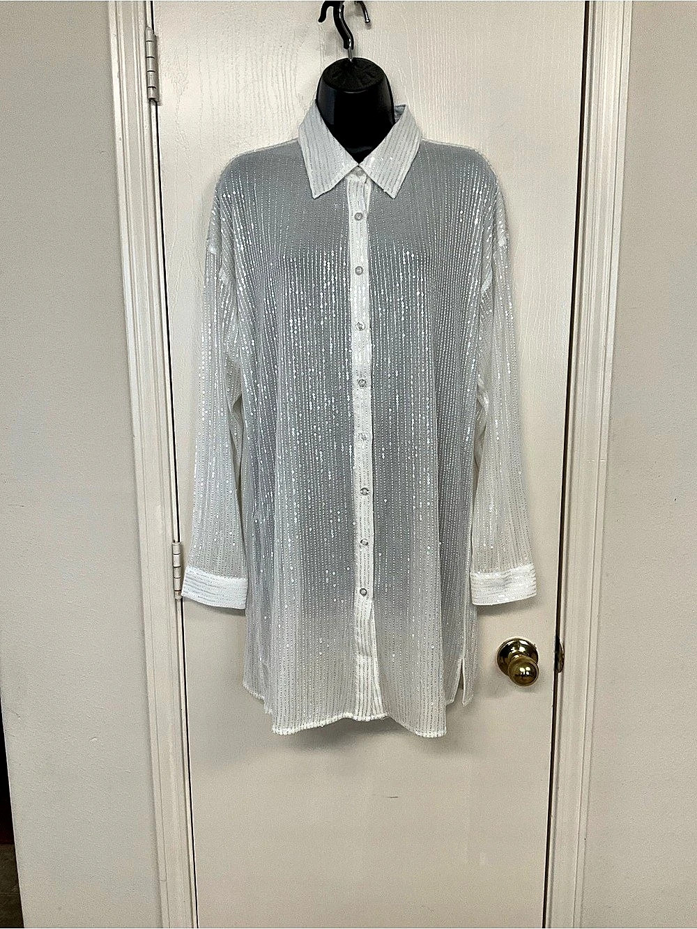 12th Tribe Unstoppable White Sequin Button Down Top in White